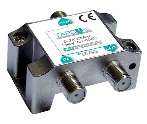 1 kimenetű „top-down” vízszintes elágazó 15 dB csillapítással és F csatlakozóval TV és műholdas sávhoz (5–2400 MHz).