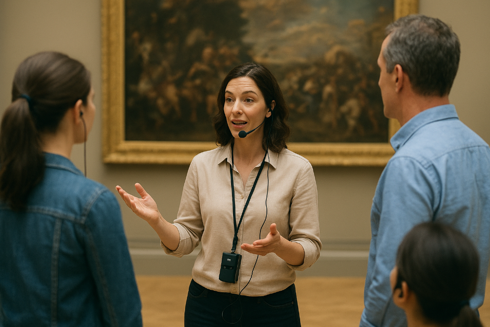 Idegenvezető hölgy beszél a csoporthoz